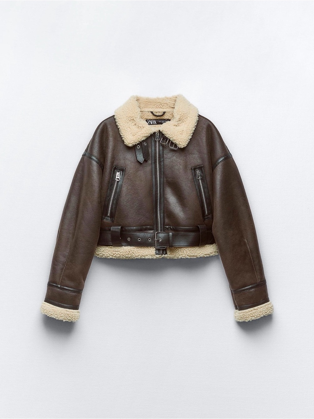 Zara Brown Shearling-Lined Faux Leather Bomber Jacket with Cream Collar